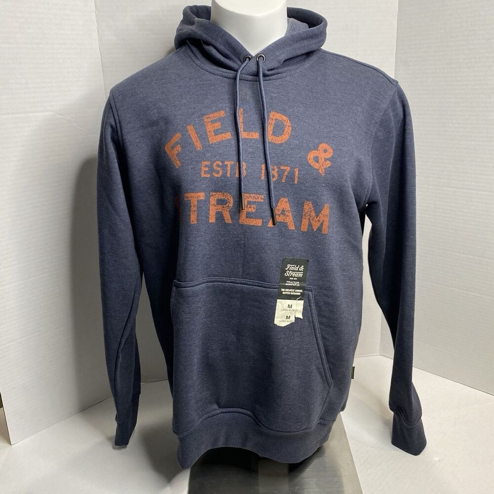 NWT Field & Stream Mens Navy Blue Pullover Hoodie Distressed Orange Graphic M
